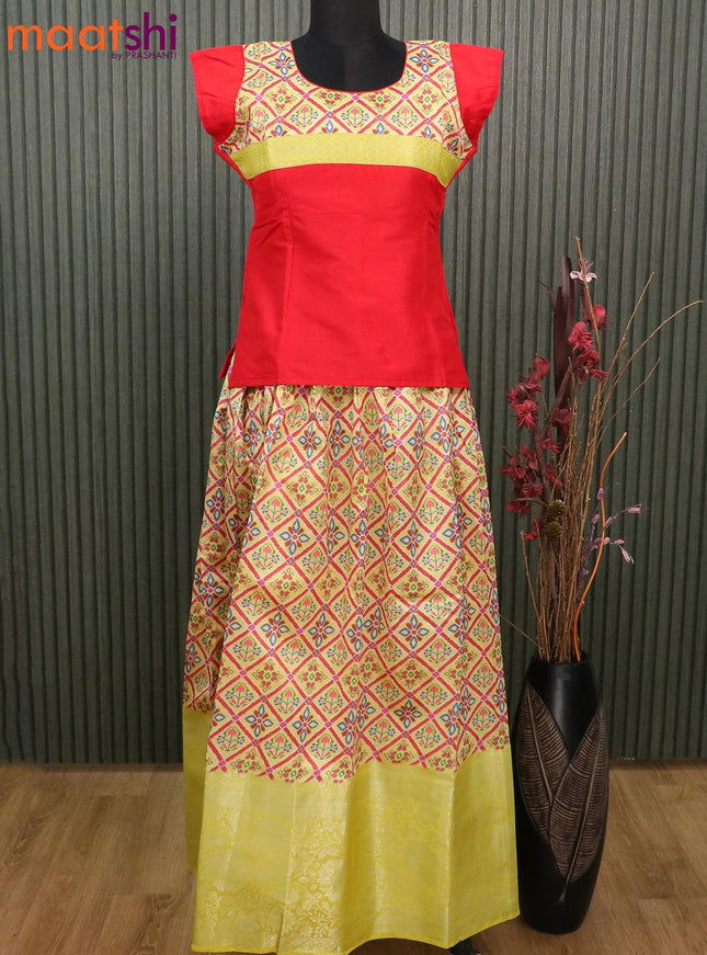Raw silk readymade kids lehenga red and yellow with patch work neck pattern and patola prints & long zari woven border for 15 years - {{ collection.title }} by Prashanti Sarees
