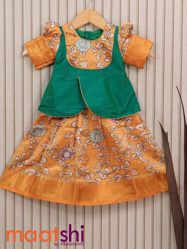 Raw silk readymade kids lehenga teal green and pale orange with patch work neck pattern and kalamkari prints & zari woven border for 1 year - {{ collection.title }} by Prashanti Sarees