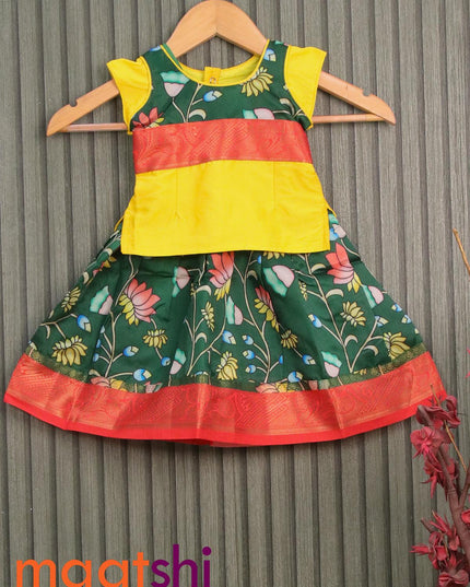 Raw silk readymade kids lehenga yellow and dark green with patch work neck pattern and floral prints & zari woven border for 0 year - {{ collection.title }} by Prashanti Sarees