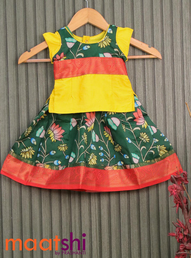 Raw silk readymade kids lehenga yellow and dark green with patch work neck pattern and floral prints & zari woven border for 0 year - {{ collection.title }} by Prashanti Sarees