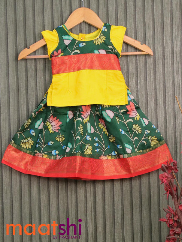Raw silk readymade kids lehenga yellow and dark green with patch work neck pattern and floral prints & zari woven border for 0 year - {{ collection.title }} by Prashanti Sarees