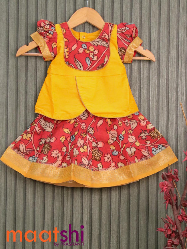 Raw silk readymade kids lehenga yellow and red with patch work neck pattern and kalamkari prints & zari woven border for 0 year - {{ collection.title }} by Prashanti Sarees