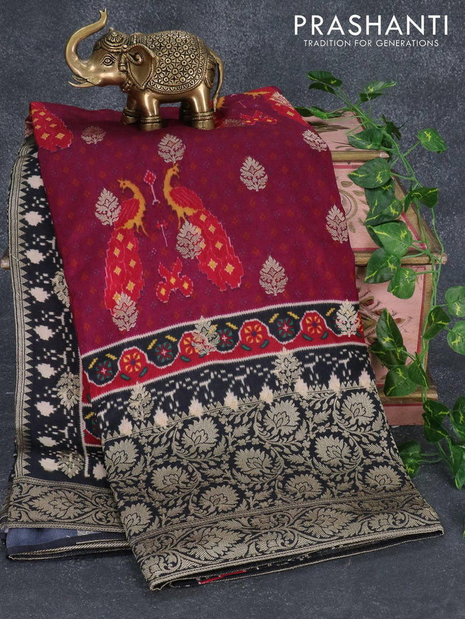 Raw silk saree dark magenta pink and black with allover ikat prints & zari buttas and long zari woven border - {{ collection.title }} by Prashanti Sarees