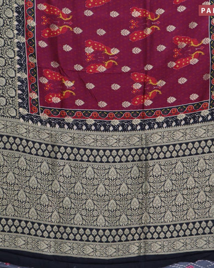 Raw silk saree dark magenta pink and black with allover ikat prints & zari buttas and long zari woven border - {{ collection.title }} by Prashanti Sarees