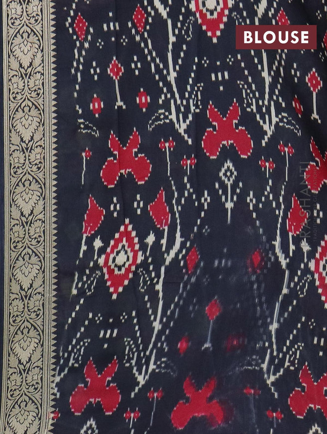 Raw silk saree dark peacock blue and black with allover ikat prints & zari buttas and long zari woven border - {{ collection.title }} by Prashanti Sarees