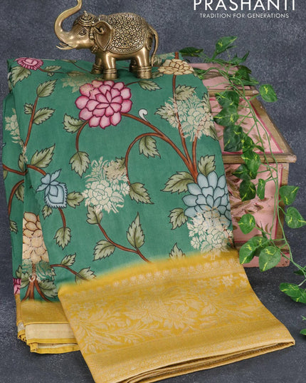 Raw silk saree green and mustard yellow with allover floral prints & zari buttas and zari woven border - {{ collection.title }} by Prashanti Sarees