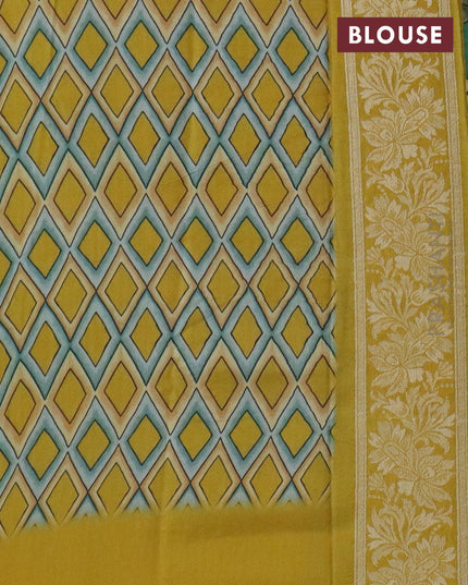 Raw silk saree green and mustard yellow with allover floral prints & zari buttas and zari woven border - {{ collection.title }} by Prashanti Sarees