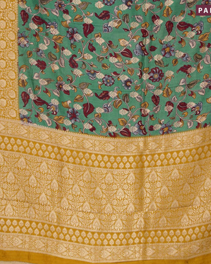 Raw silk saree green and mustard yellow with kalamkari prints & zari buttas and long zari woven border - {{ collection.title }} by Prashanti Sarees