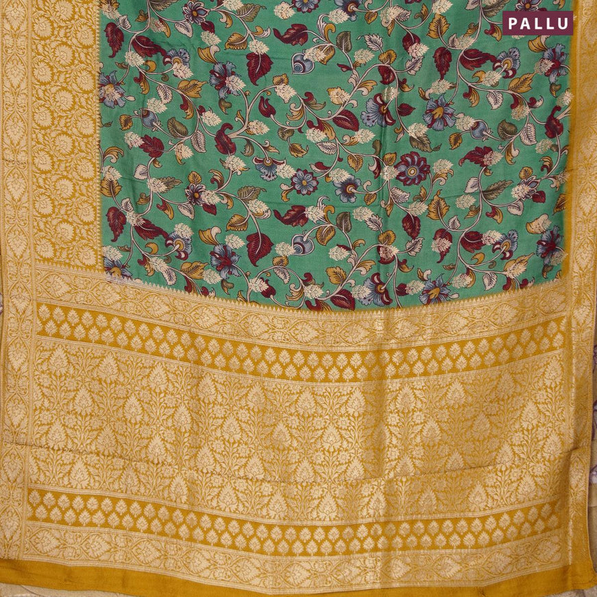 Raw silk saree green and mustard yellow with kalamkari prints & zari buttas and long zari woven border - {{ collection.title }} by Prashanti Sarees