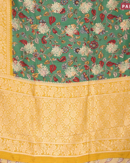 Raw silk saree green and yellow with kalamkari prints & zari buttas and long zari woven border - {{ collection.title }} by Prashanti Sarees