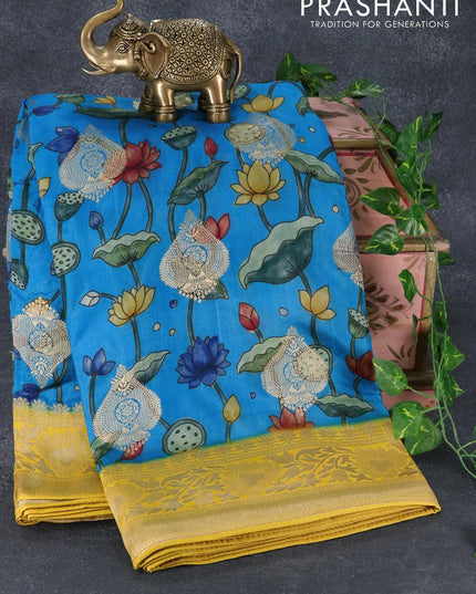 Raw silk saree light blue and yellow with pichwai prints & zari buttas and zari woven border - {{ collection.title }} by Prashanti Sarees