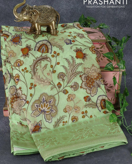 Raw silk saree light green with kalamkari prints & zari buttas and zari woven border - {{ collection.title }} by Prashanti Sarees