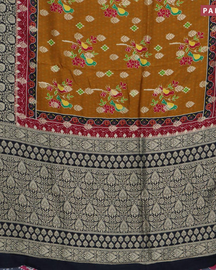 Raw silk saree mustard yellow and black with allover ikat prints & zari buttas and long zari woven border - {{ collection.title }} by Prashanti Sarees