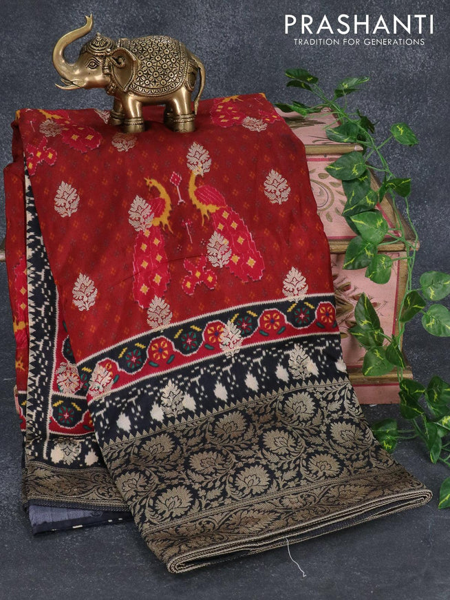 Raw silk saree rustic maroon and black with allover ikat prints & zari buttas and long zari woven border - {{ collection.title }} by Prashanti Sarees