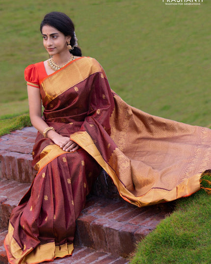 Re - Pure kanjivaram silk saree deep maroon and orange with allover small zari checks & peacock buttas and rich zari woven bavanji border- Pre Order - {{ collection.title }} by Prashanti Sarees