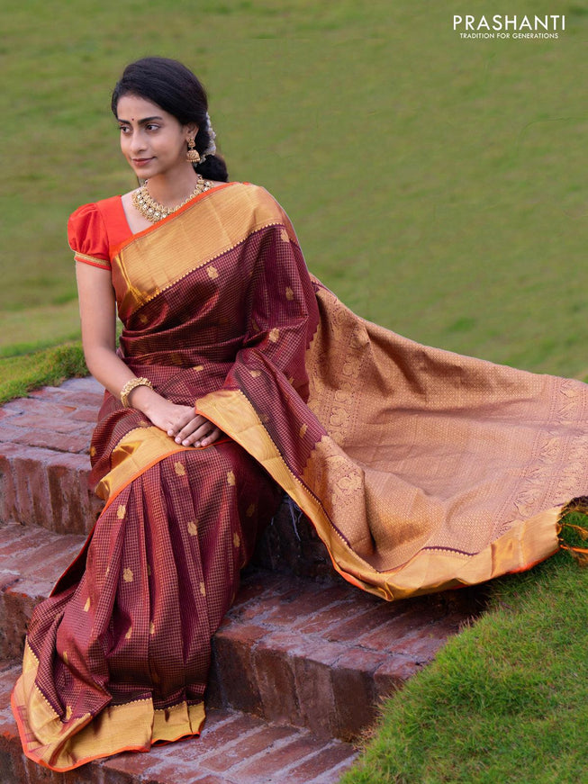 Re - Pure kanjivaram silk saree deep maroon and orange with allover small zari checks & peacock buttas and rich zari woven bavanji border- Pre Order - {{ collection.title }} by Prashanti Sarees