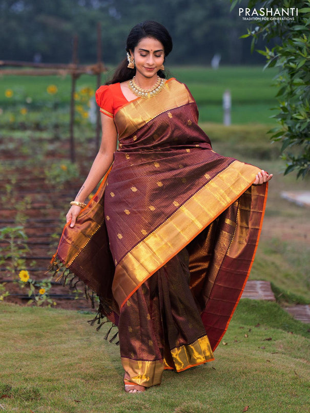 Re - Pure kanjivaram silk saree deep maroon and orange with allover small zari checks & peacock buttas and rich zari woven bavanji border- Pre Order - {{ collection.title }} by Prashanti Sarees