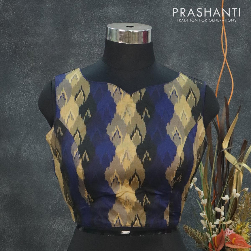 Readymade brocade blouse blue and black with allover ikat weaves & sleeve attaced and back open - {{ collection.title }} by Prashanti Sarees