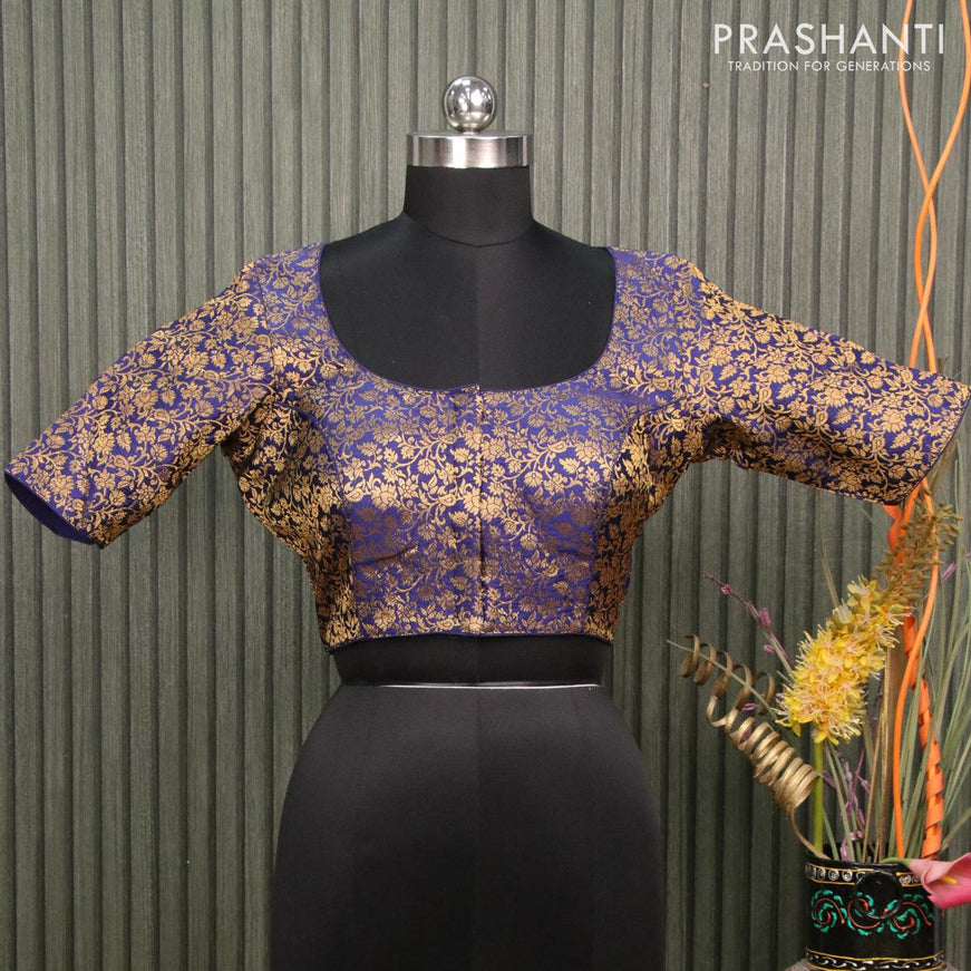 Readymade brocade blouse blue with allover zari woven brocade weaves and back knot - {{ collection.title }} by Prashanti Sarees