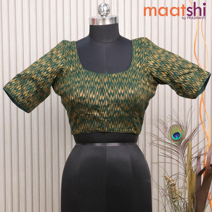 Readymade brocade blouse bottle green with allover ikat weaves and back knot - {{ collection.title }} by Prashanti Sarees