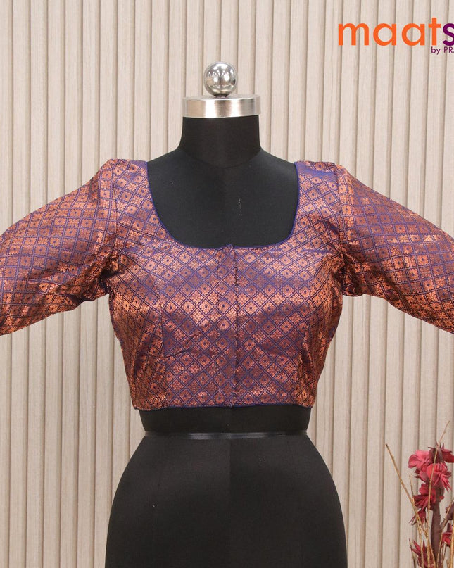 Readymade brocade blouse dark blue with allover copper zari weaves and back knot - {{ collection.title }} by Prashanti Sarees