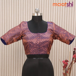 Readymade brocade blouse dark blue with allover copper zari weaves and back knot