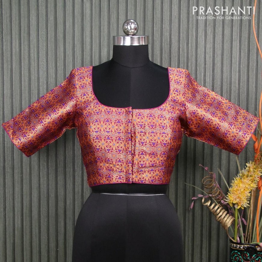 Readymade brocade blouse dark magenta pink with allover floral brocade weaves and back knot - {{ collection.title }} by Prashanti Sarees