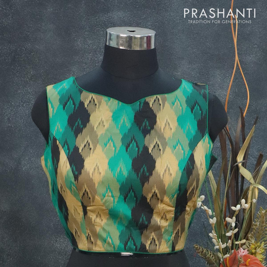 Readymade brocade blouse green and black with allover ikat weaves & sleeve attaced and back open - {{ collection.title }} by Prashanti Sarees