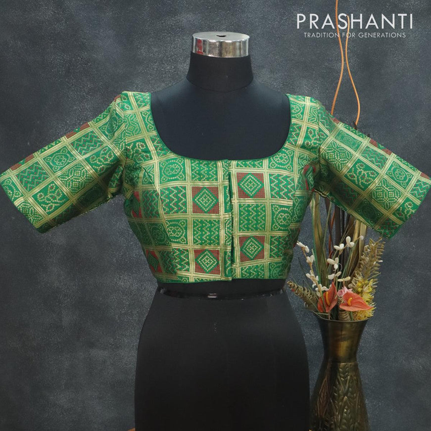 Readymade brocade blouse green with allover bandhani prints checked pattern and back knot - {{ collection.title }} by Prashanti Sarees