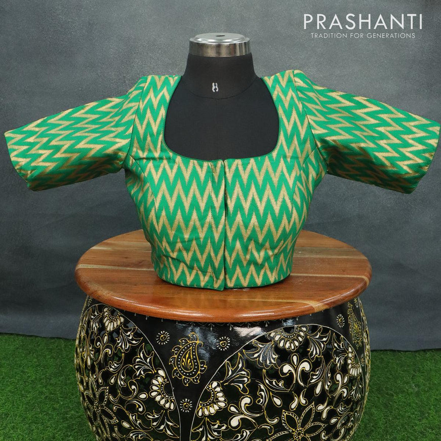 Readymade brocade blouse green with allover ikat weaves and back knot - {{ collection.title }} by Prashanti Sarees
