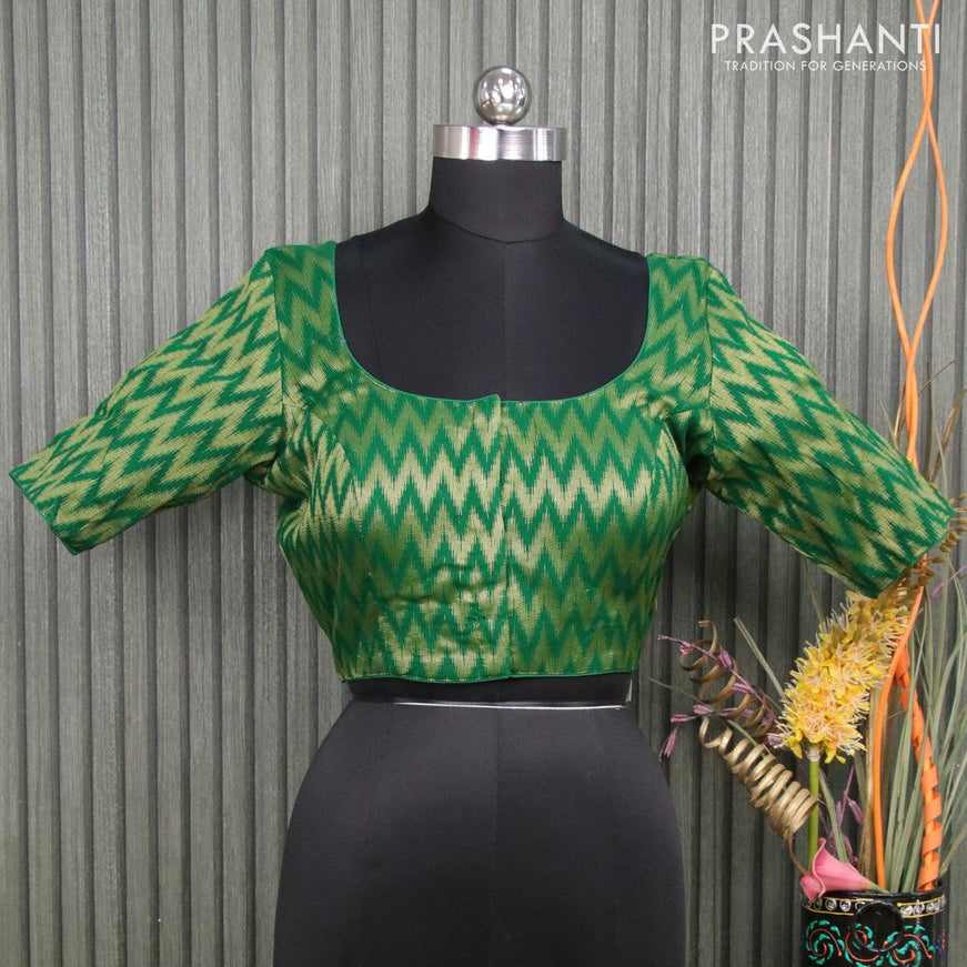 Readymade brocade blouse green with allover ikat zari weaves and back knot - {{ collection.title }} by Prashanti Sarees