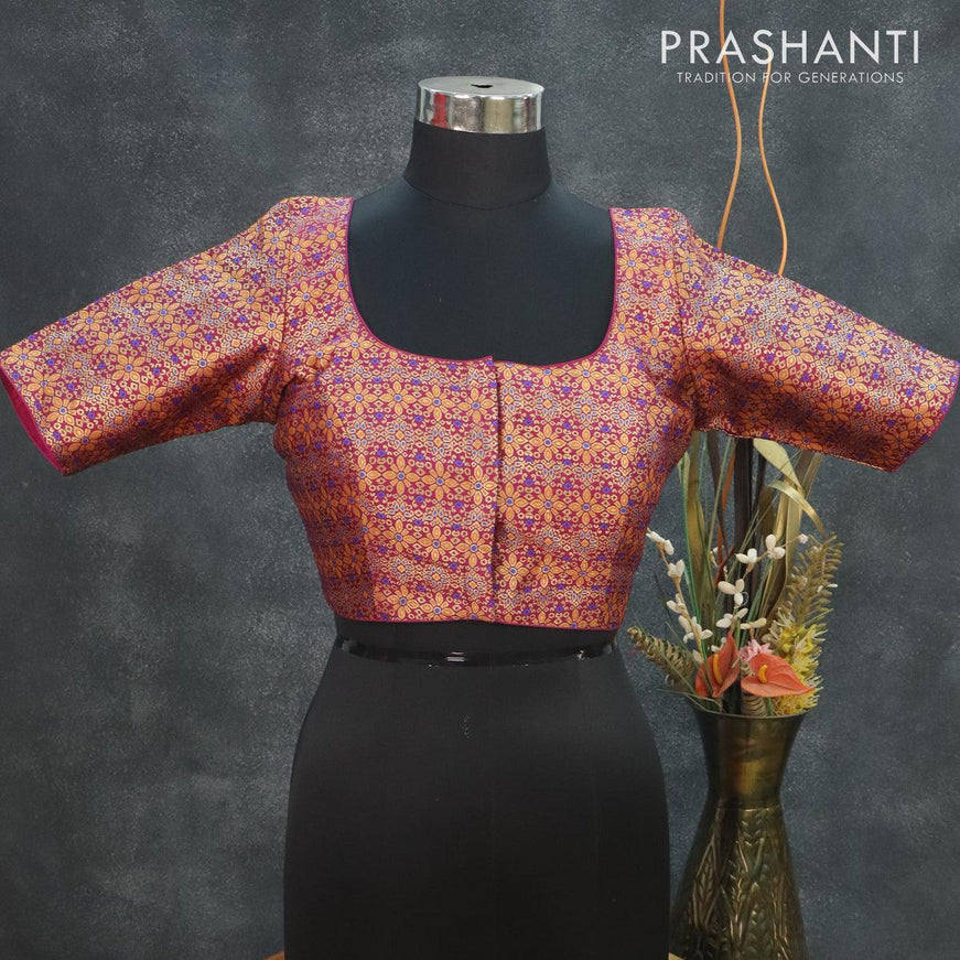 Readymade brocade blouse magenta pink with allover brocade weaves and back knot - {{ collection.title }} by Prashanti Sarees