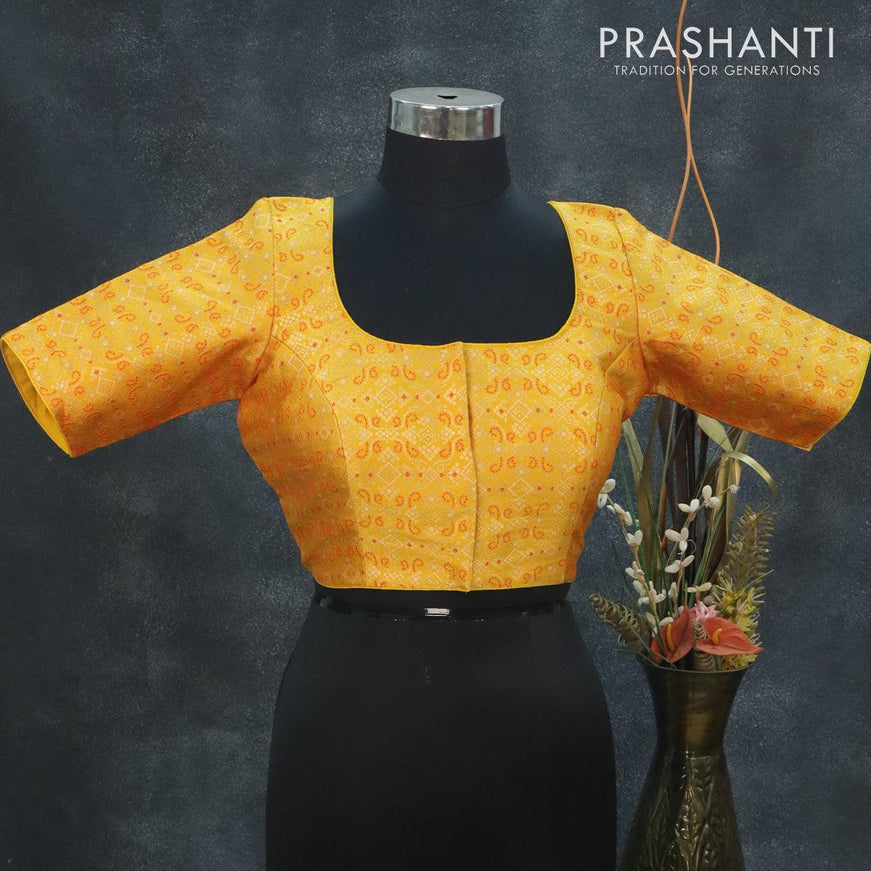 Readymade brocade blouse mango yellow with allover bandhani prints and back knot - {{ collection.title }} by Prashanti Sarees