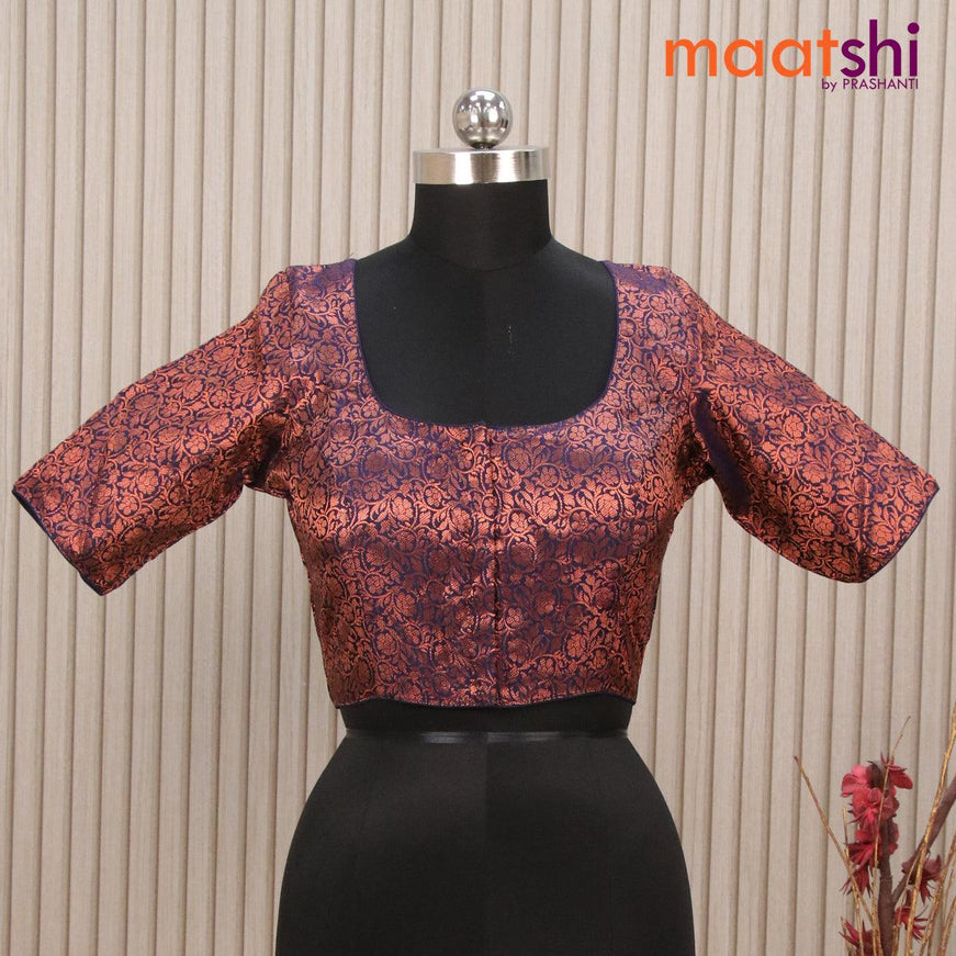 Readymade brocade blouse navy blue with allover copper zari floral weaves and back knot - {{ collection.title }} by Prashanti Sarees
