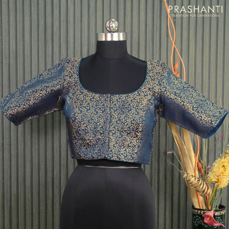 Readymade brocade blouse peacock blue with allover zari weaves and back knot - {{ collection.title }} by Prashanti Sarees