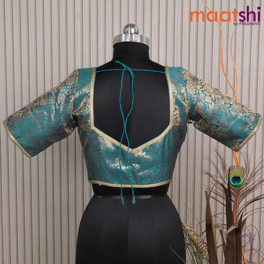 Readymade brocade blouse peacock blue with allover zari weaves and back knot - {{ collection.title }} by Prashanti Sarees