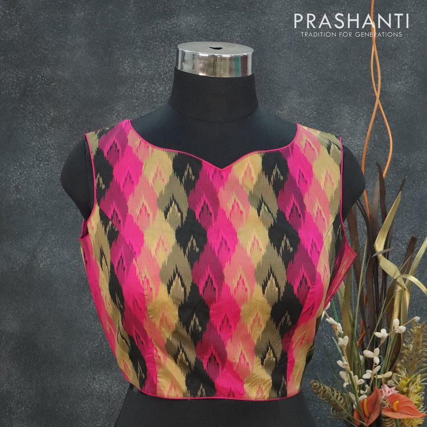 Readymade brocade blouse pink and black with allover ikat weaves & sleeve attaced and back open - {{ collection.title }} by Prashanti Sarees