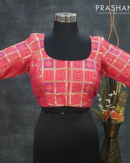 Readymade brocade blouse pink with allover bandhani prints checked pattern and back knot - {{ collection.title }} by Prashanti Sarees