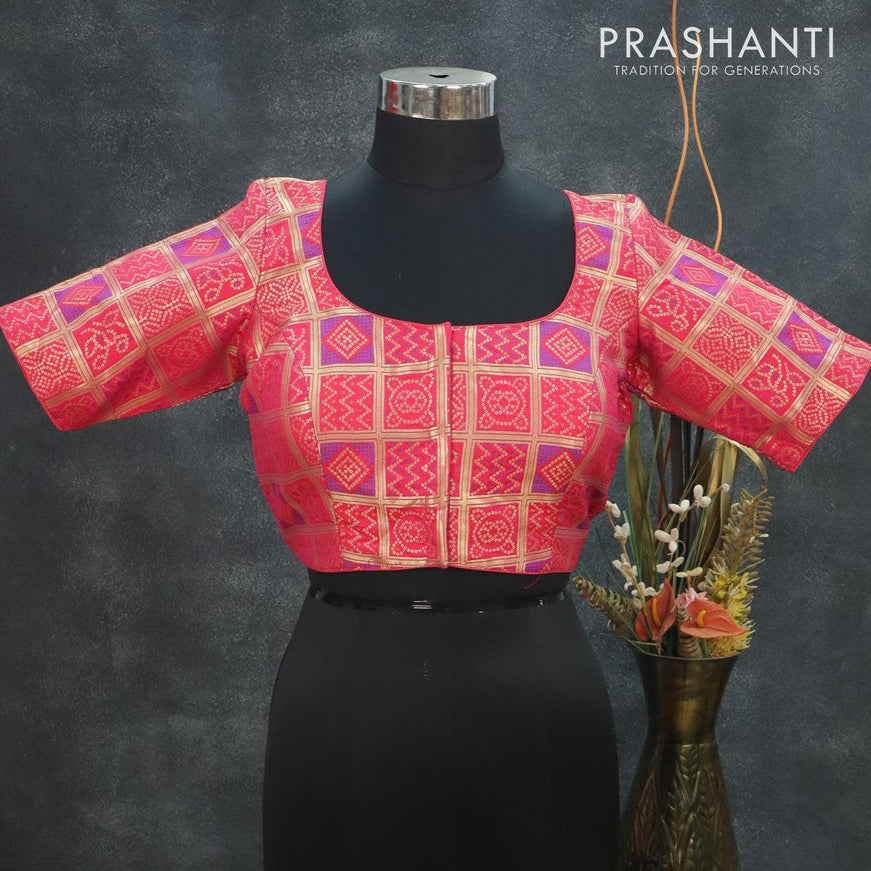 Readymade brocade blouse pink with allover bandhani prints checked pattern and back knot - {{ collection.title }} by Prashanti Sarees