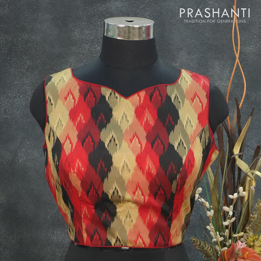 Readymade brocade blouse red and black with allover ikat weaves & sleeve attaced and back open - {{ collection.title }} by Prashanti Sarees