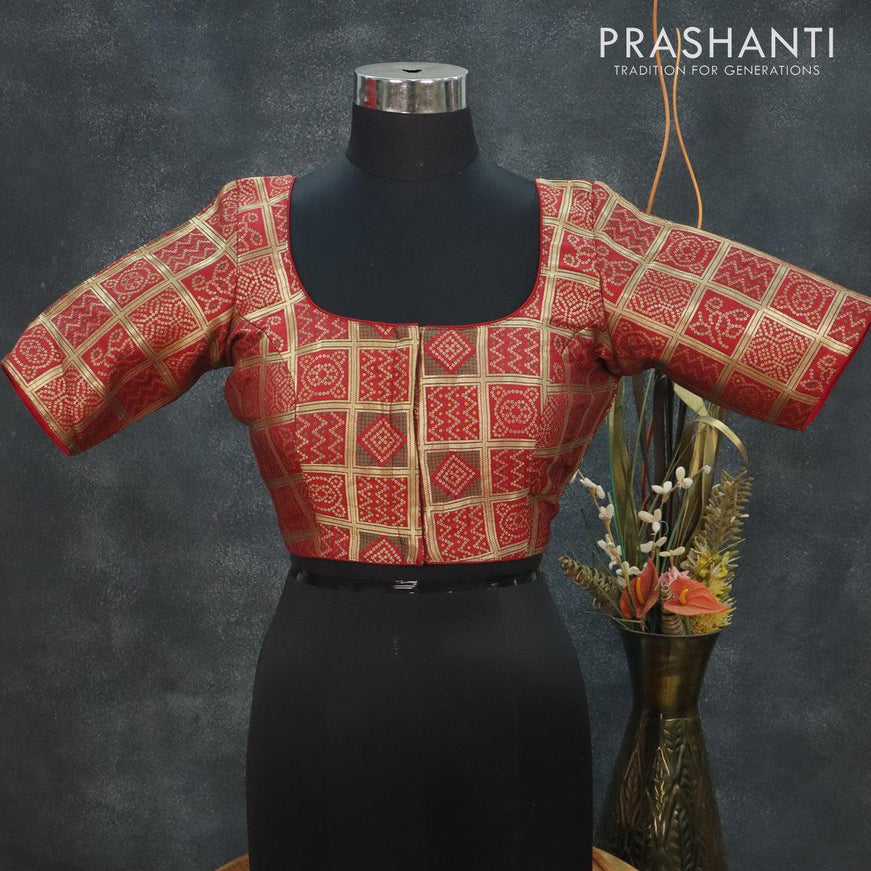 Readymade brocade blouse red with allover bandhani prints checked pattern and back knot - {{ collection.title }} by Prashanti Sarees