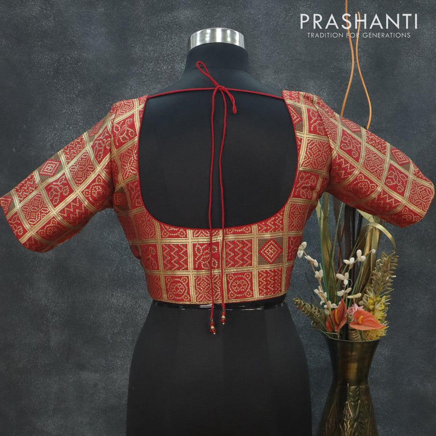Readymade brocade blouse red with allover bandhani prints checked pattern and back knot - {{ collection.title }} by Prashanti Sarees