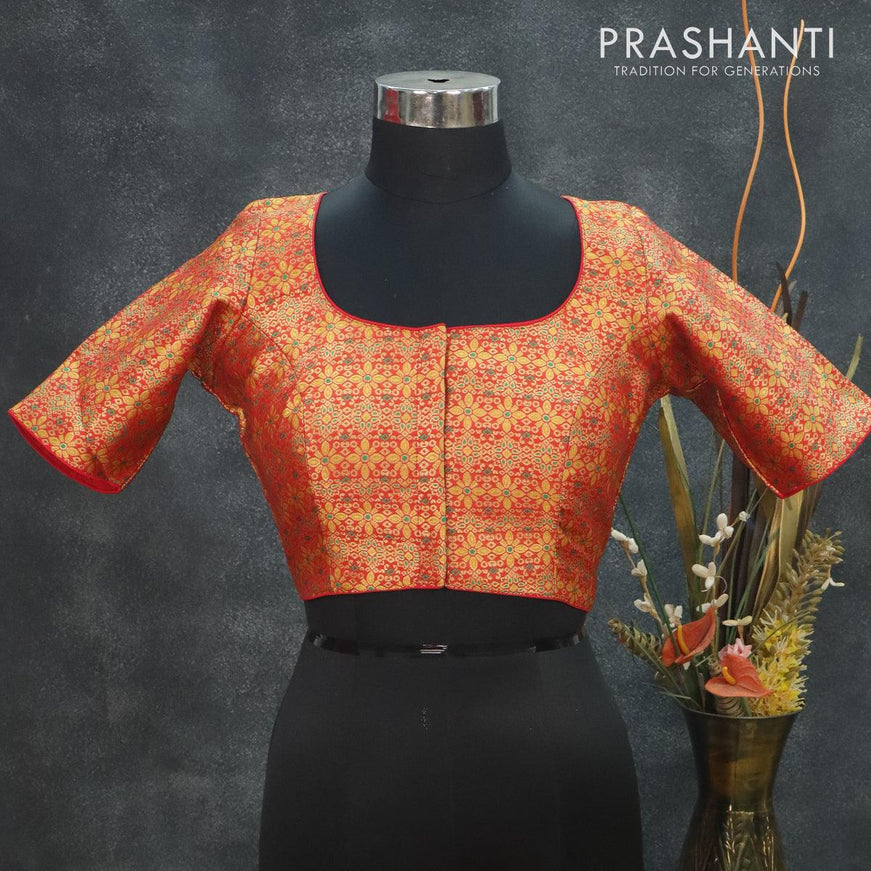 Readymade brocade blouse red with allover brocade weaves and back knot - {{ collection.title }} by Prashanti Sarees