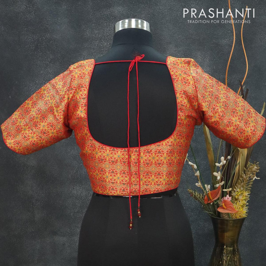 Readymade brocade blouse red with allover brocade weaves and back knot - {{ collection.title }} by Prashanti Sarees