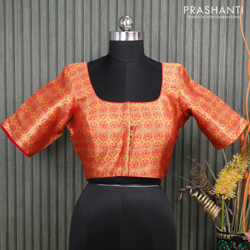 Readymade brocade blouse red with allover floral brocade weaves and back knot - {{ collection.title }} by Prashanti Sarees