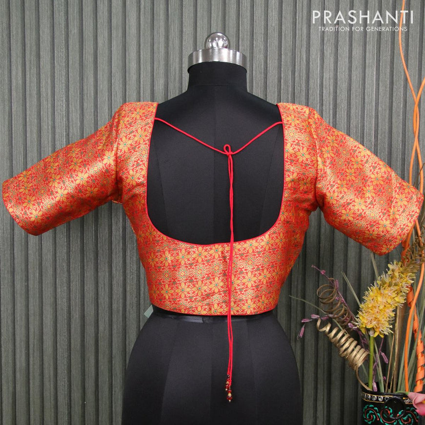 Readymade brocade blouse red with allover floral brocade weaves and back knot - {{ collection.title }} by Prashanti Sarees