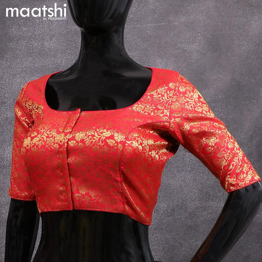 Readymade brocade blouse red with allover floral zari weaves and back knot - {{ collection.title }} by Prashanti Sarees