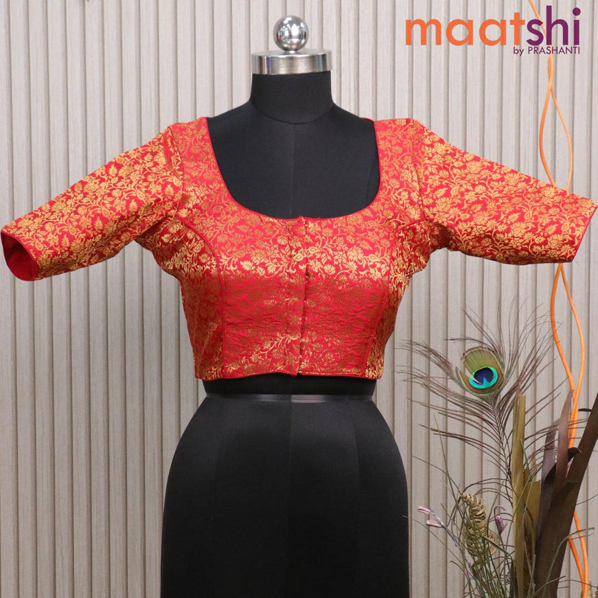 Readymade brocade blouse red with allover zari weaves and back knot - {{ collection.title }} by Prashanti Sarees