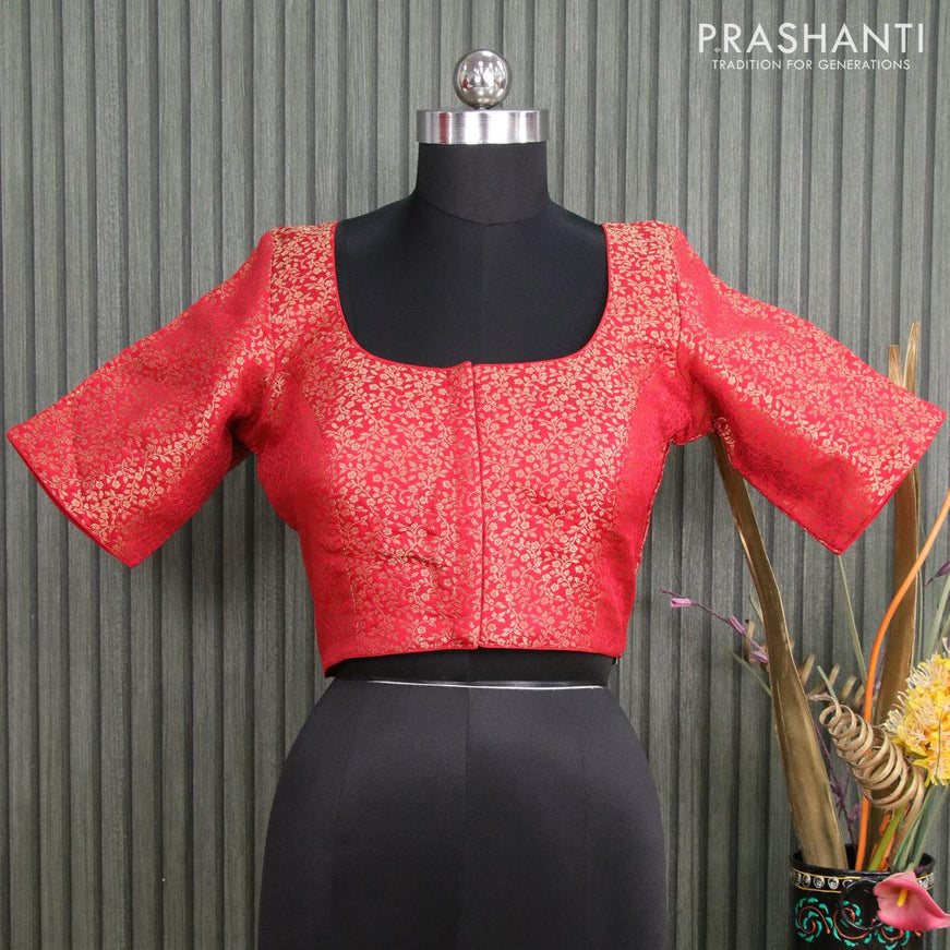 Readymade brocade blouse red with allover zari weaves and back knot - {{ collection.title }} by Prashanti Sarees