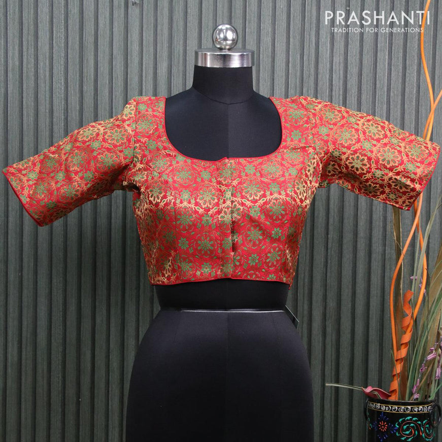 Readymade brocade blouse red with allover zari woven brocade weaves and back knot - {{ collection.title }} by Prashanti Sarees